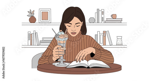 Woman Reading a Book While Enjoying an Ice Cream Treat at a Cozy Cafe