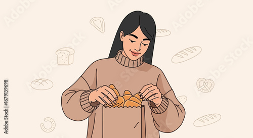 Woman Inspecting Freshly Baked Goods Emerging From A Rustic Paper Bag Illustration