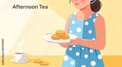 Woman Inviting To Afternoon Tea Offer With Cookie Platter And Hot Beverage, A Pleasant Moment