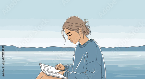 Woman Reading Book By Lake: Serene Illustration of Leisure, Solitude, and Intellectualism