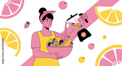 Woman Is Making Fresh Smoothie With Fruit And Blender Healthy Lifestyle Illustration