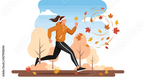 Woman Jogging Through Beautiful Autumn Scene With Swirling Colorful Leaves in Nature