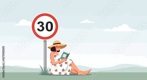Woman Reads Under Speed Limit Sign Reflecting Youthful Leisure and Relaxation Moment