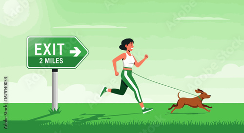 Woman Jogging With Her Dog Next To An Exit Sign, Promoting Health And Wellness