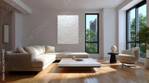 Spacious and stylish contemporary living room featuring a comfortable couch, modern coffee table, and natural light streaming through large overlooking a serene outdoor scene.