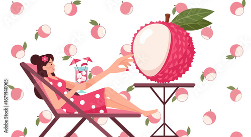 Woman Reclining Reaching For Huge Litchi Fruit While Enjoying Refreshing Drink In Summer