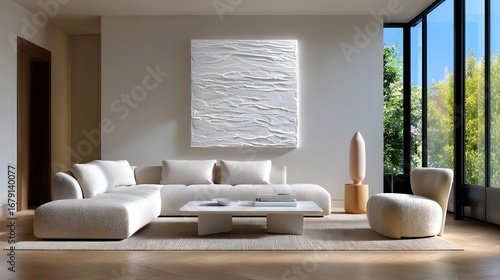 A spacious and serene living room with neutral-toned furniture, a textured wall art piece, and natural lighting from large