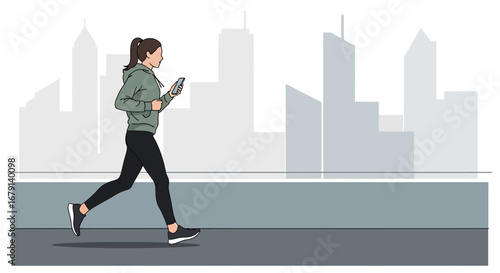 Woman jogging with smartphone in front of a city skyline, healthy lifestyle and technology