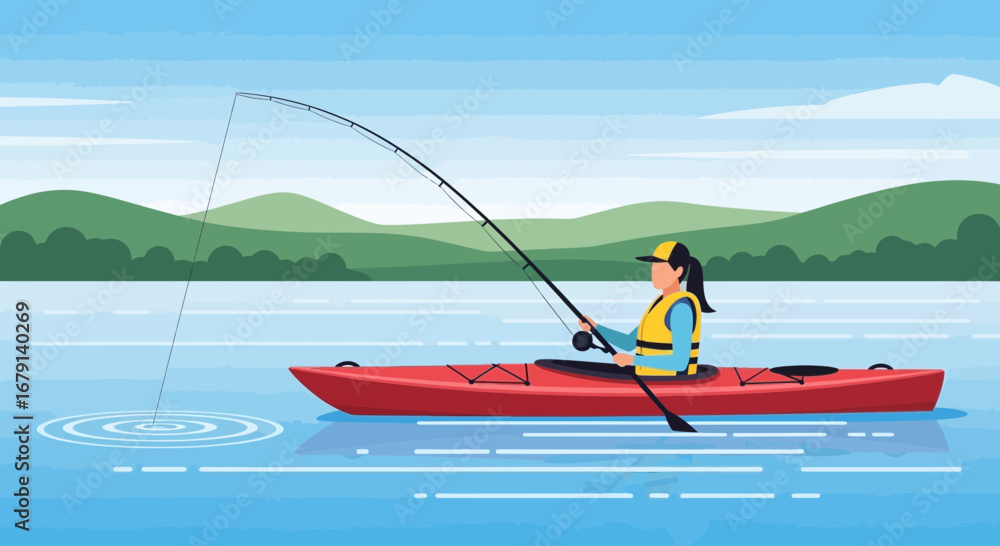 Obraz premium Woman Kayaking And Fishing In A Serene Lake With Green Mountains In The Background