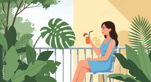 Woman Relaxes On Balcony Enjoying Beverage, Surrounded By Lush Greenery And Plants