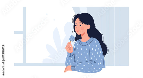 Woman Relaxes Indoors, Enjoying a Sweet Frozen Treat, Window and Decorative Elements