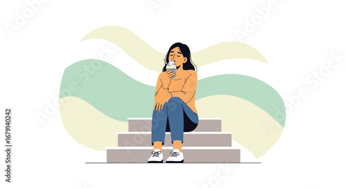 Woman Relaxes On Stairs While Enjoying Ice Cream, Isolated In Artistic Illustration Style