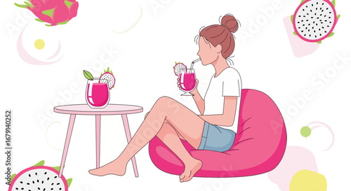 Woman Relaxes Sipping Dragon Fruit Juice, Pictorial Illustration Of A Calm Moment