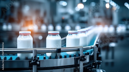 Wallpaper Mural A modern dairy production line with glass bottles of milk on a conveyor belt, showcasing an industrial processing environment. Torontodigital.ca