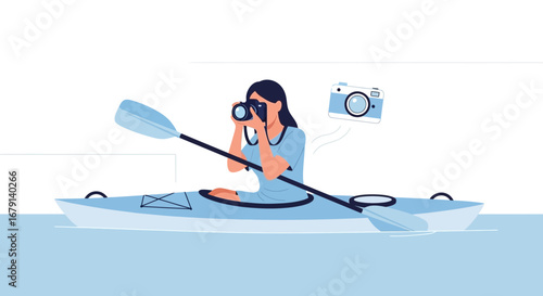 Woman kayaking and taking photos, outdoor adventures and hobbies, travel photography