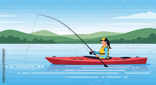 Woman Kayaking And Fishing In A Serene Lake With Green Mountains In The Background