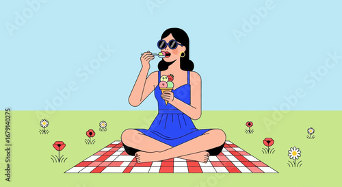 Woman Relaxes While Enjoying Ice Cream On A Picnic Blanket Outdoors In Nature