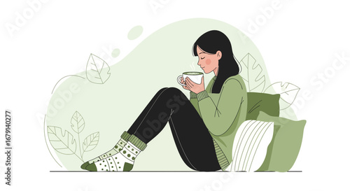 Woman Relaxes While Sipping Hot Beverage, Enjoying Peace and Quiet in Green Tones