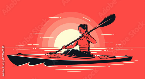 Woman Kayaking at Sunset: A Vector Illustration Depicting Water Sports and Leisure Activity