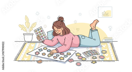 Woman relaxing at home doing crafts with stickers on a colorful carpet