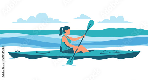 Woman kayaking on the ocean with a paddle in hand enjoying a beautiful sunny day