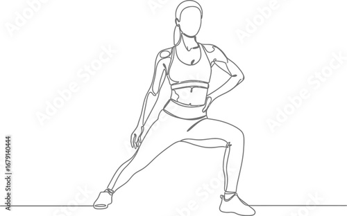 Line art illustration of a woman doing a side lunge exercise isolated on a white background