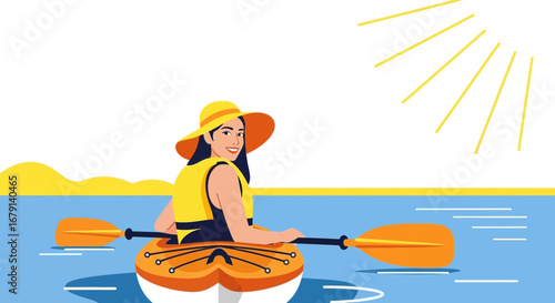 Woman Kayaking Under The Bright Sun, Enjoying Summer Vacation in The Water