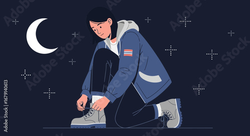 Woman Kneeling And Tying Laces Under Moon And Stars at Night, Illustration