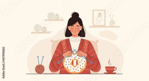 Woman Knitting a Donut With Coffee, Representing Relaxing Crafting Activity