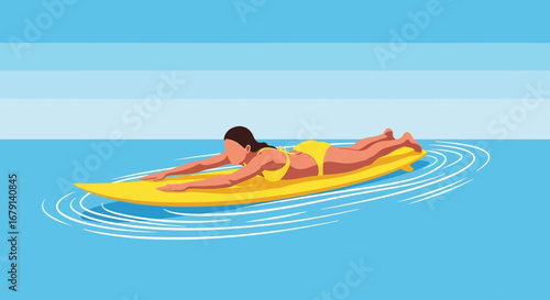 Woman Relaxing On Surfboard In Ocean, Summer Beachside Leisure Activity