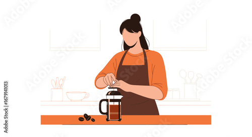 Woman Making Coffee in A French Press in Kitchen Illustration In Modern Style