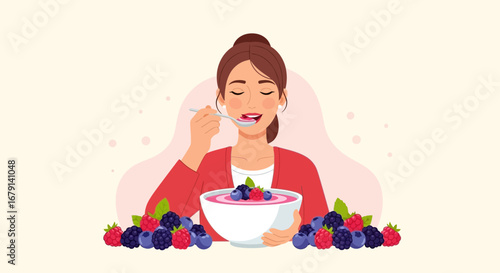 Woman Relishes Berry Bowl: A Healthy and Pleasurable Culinary Moment Depicted, Very Fresh
