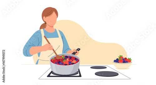 Woman Making Delicious Homemade Jam With Fresh Berries In The Kitchen Setting