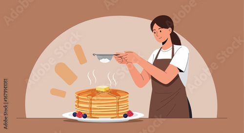 Woman Making Pancakes with Syrup, Butter and Berries for a Delicious Breakfast