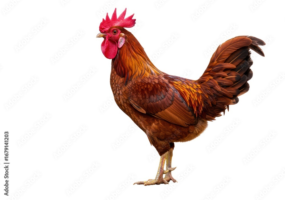 Fototapeta premium Bright Rooster with Red Comb and Brown Feathers Standing on White Background