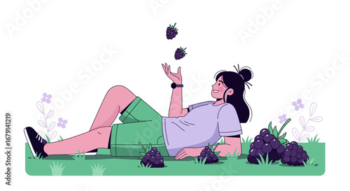 Woman Resting And Playing With Grapes, Enjoying Relaxing Moments In Nature, Happiness