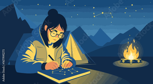 Woman Observing Constellations Under A Night Sky Near A Campfire