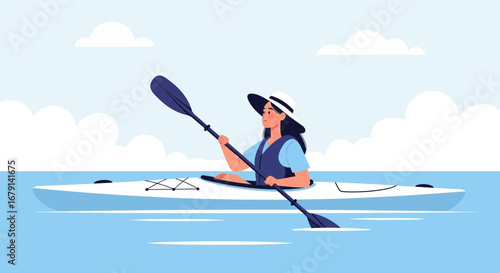 Woman Paddling Kayak In The Ocean Under A Cloudy Sky On A Summer Day