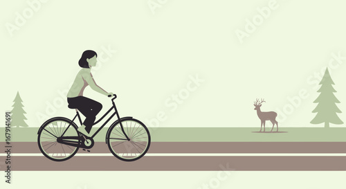 Woman Riding a Bicycle on a Rural Road With a Deer in the Distance