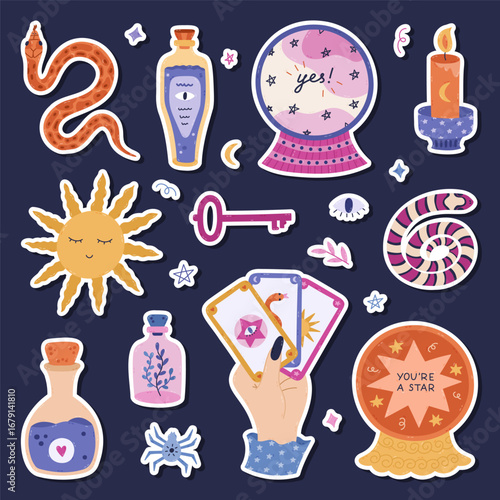 Lovely cartoon magical and fortuneteller sticker set with witchcraft symbols for planners, notebooks, diary. Ready for print list of cute stickers of snake, forecast in crystal ball, tarot Sun.