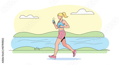 Woman Running Outdoors with Phone: Achieving Fitness Goals in a Beautiful Environment