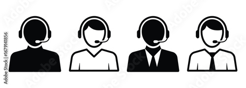 call center icon line art, silhouette, vector illustration. Sleek graphic of a customer service representative with headset, ideal forcall center promotional material.