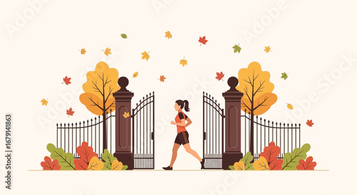 Woman running through a gate in autumn with falling leaves under a flat design style