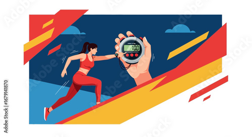 Woman running towards a stopwatch, fitness-themed illustration, sport concept