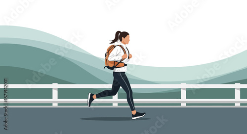 Woman Running with Backpack Along Scenic Route Illustrates Active Lifestyle and Outdoor Pursuits