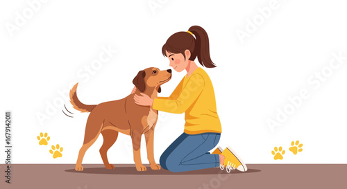 Woman petting a cheerful dog, showing the bond between human and canine companion
