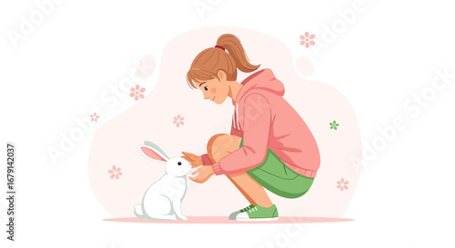 Woman petting a rabbit in a cute and cuddly illustration during a sunny spring day