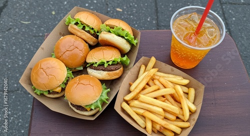 A tempting setup of juicy mini beef burgers, sliders, paired with crispy golden french fries and a refreshing iced drink, perfect for a casual meal