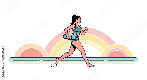 Woman Running with Yoga Mat near a Pastel Colored Rainbow or Background