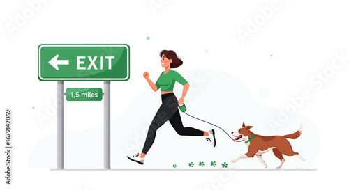 Woman Runs With Dog Towards Road Sign Indicating Exit, Embracing Energetic Lifestyle